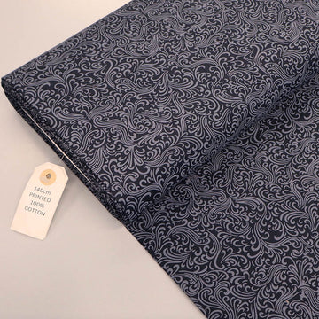 100% Cotton Fabric - Black and Grey Swirls medium weight, crisp poplin featuring a grey background swirl print on a solid black background
