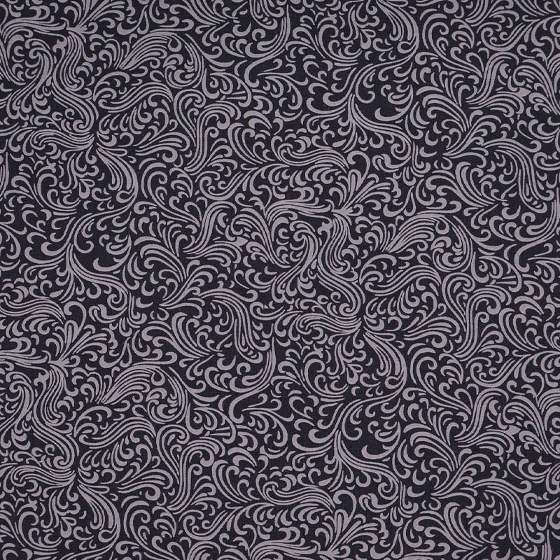100% Cotton Fabric - Black and Grey Swirls medium weight, crisp poplin featuring a grey background swirl print on a solid black background