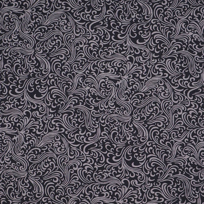 100% Cotton Fabric - Black and Grey Swirls medium weight, crisp poplin featuring a grey background swirl print on a solid black background