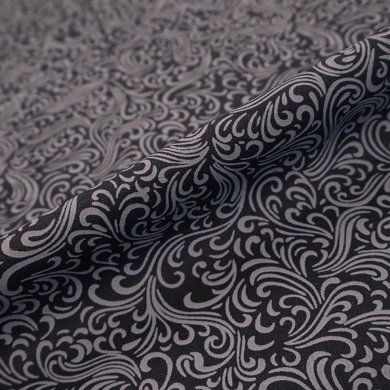 100% Cotton Fabric - Black and Grey Swirls medium weight, crisp poplin featuring a grey background swirl print on a solid black background