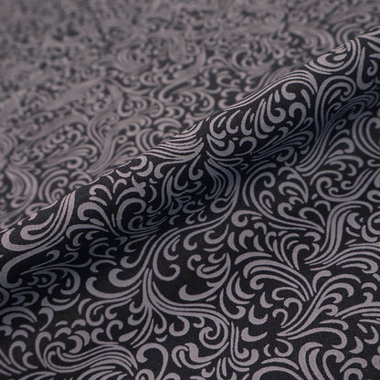 100% Cotton Fabric - Black and Grey Swirls medium weight, crisp poplin featuring a grey background swirl print on a solid black background