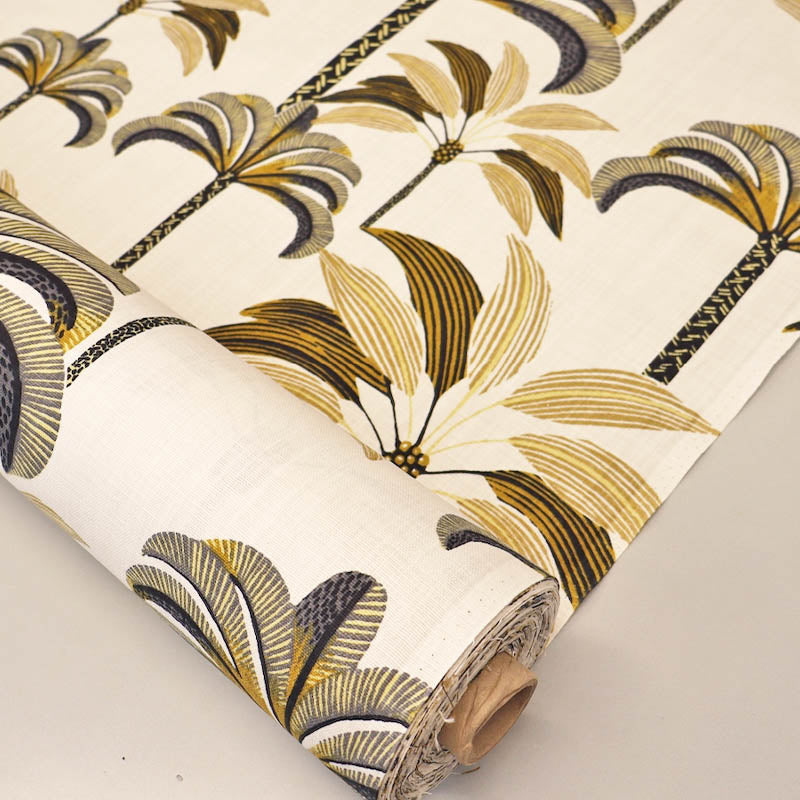 100% Cotton Cream Cotton Fabric - Black and Gold Palm Trees