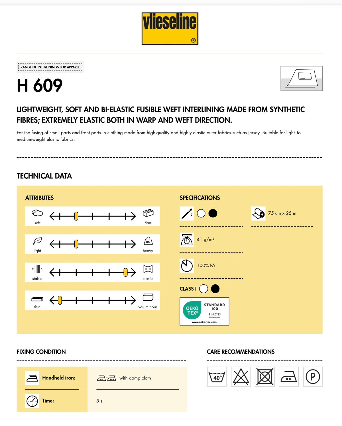Technical data sheet for Vieseline H 609 fusible weft interlining, showing attributes, specifications, fixing conditions, and care recommendations on a white background with a yellow technical-data panel.