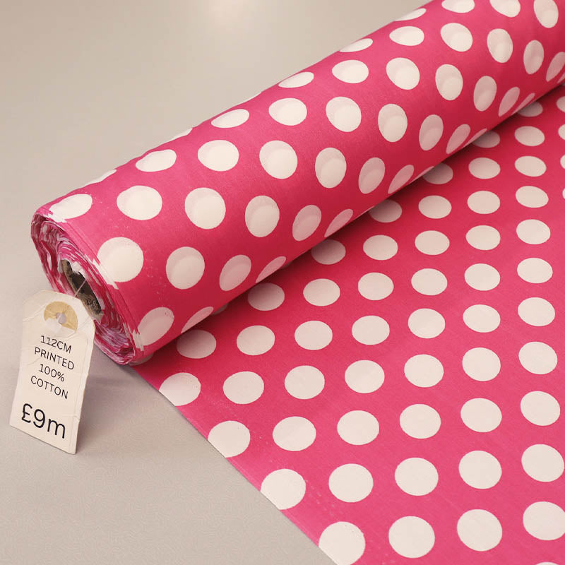 100% Cotton PoplinLarge 2cm Polka Dot Fabric - Bright Pink