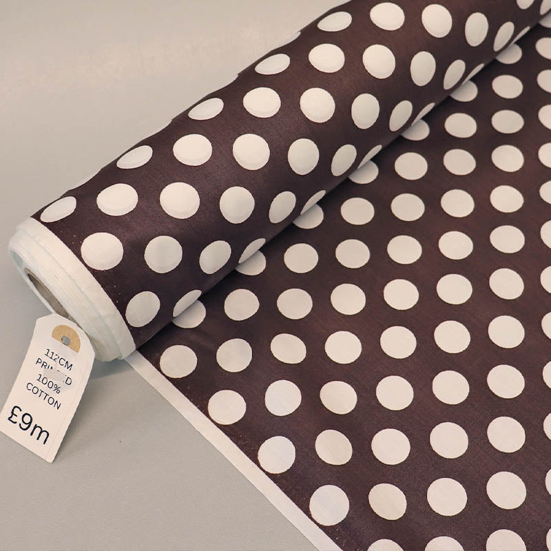 100% Cotton Poplin Large Polka Dot Fabric - Brown