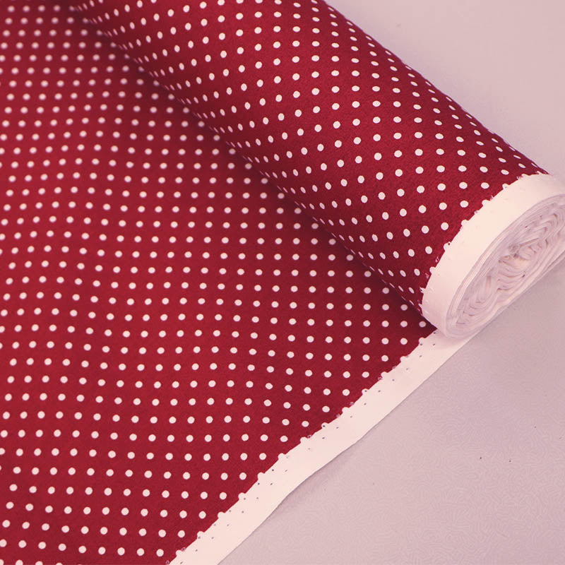 100% Cotton Poplin Polka Dot Fabric - Burgundy Red with white spots