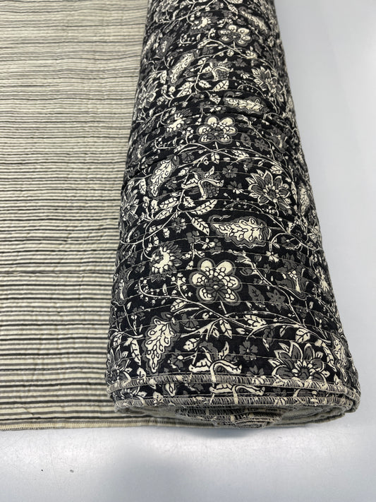 QUILTED Indian Printed Cotton - Floral/Stripe - Black