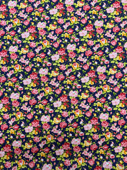 Cotton Poplin - Navy and Orange - Flower Bomb