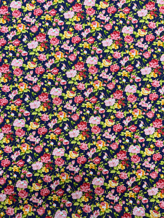 Cotton Poplin - Navy and Orange - Flower Bomb