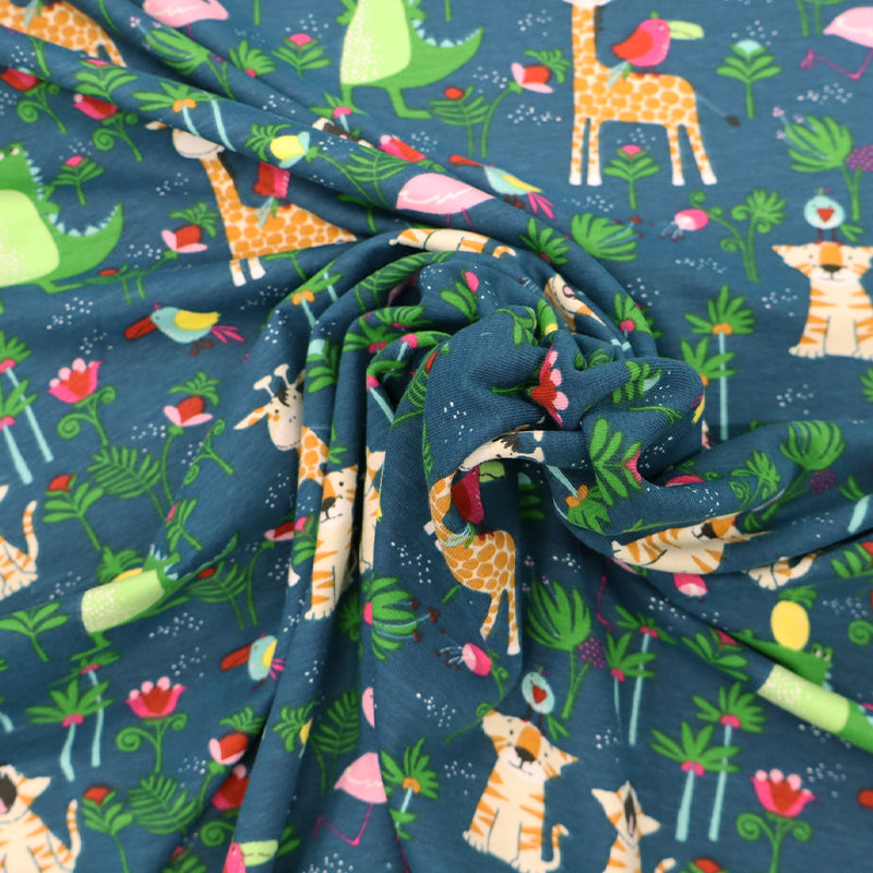95% Cotton 5% Elastane Animal Print Green Children's Jersey Fabric