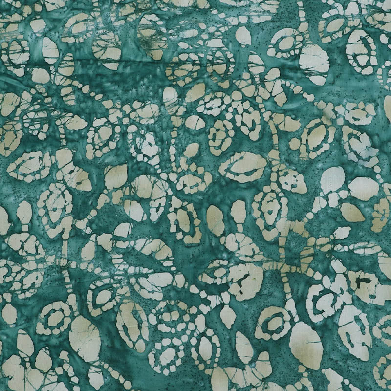100% Cotton Dark Green Batik Fabric - Grey Leaf and Floral