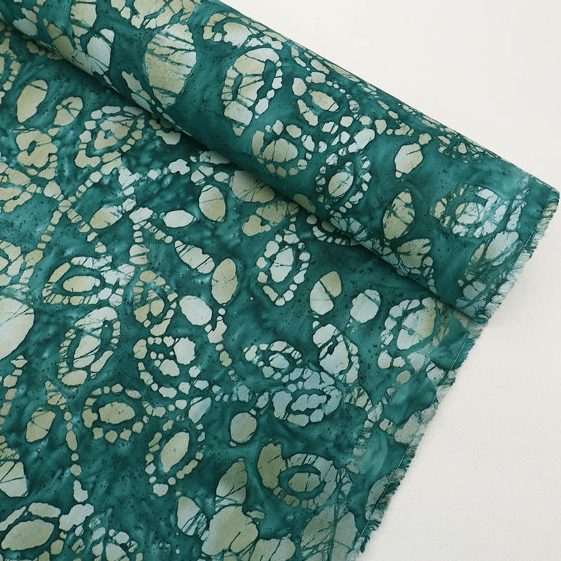 100% Cotton Dark Green Batik Fabric - Grey Leaf and Floral