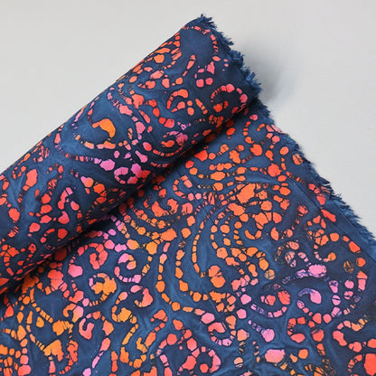 100% Cotton  Blue Swirl with pink and orange Batik Fabric