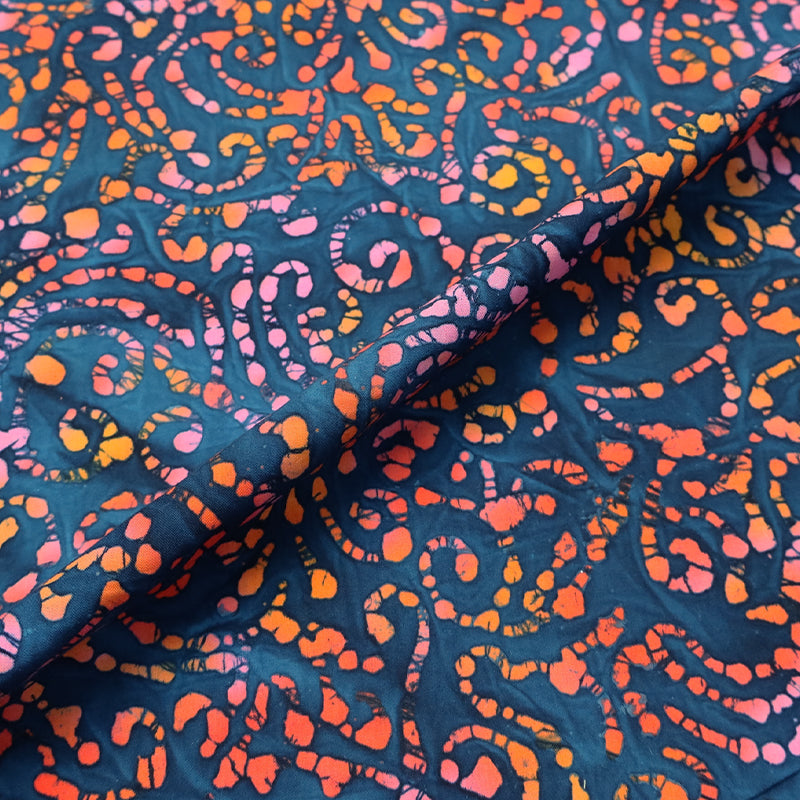 100% Cotton Blue Swirl with pink and orange Batik Fabric