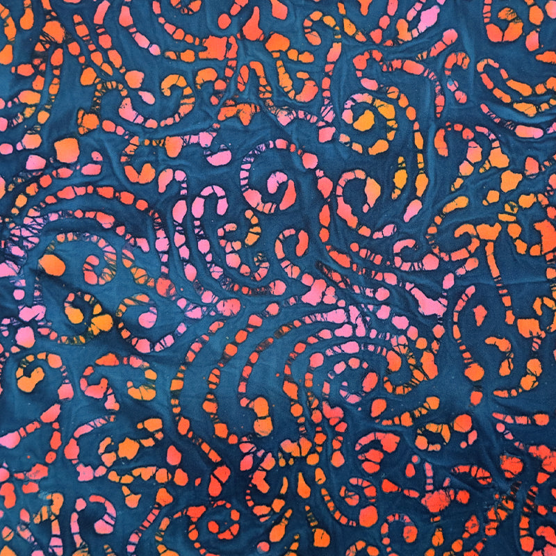 100% Cotton Blue Swirl with pink and orange Batik Fabric