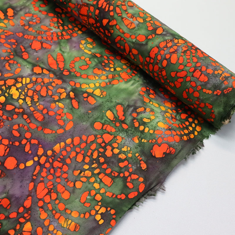 100% Indian Cotton Batik  Batik Fabric - Green and Orange swirl design