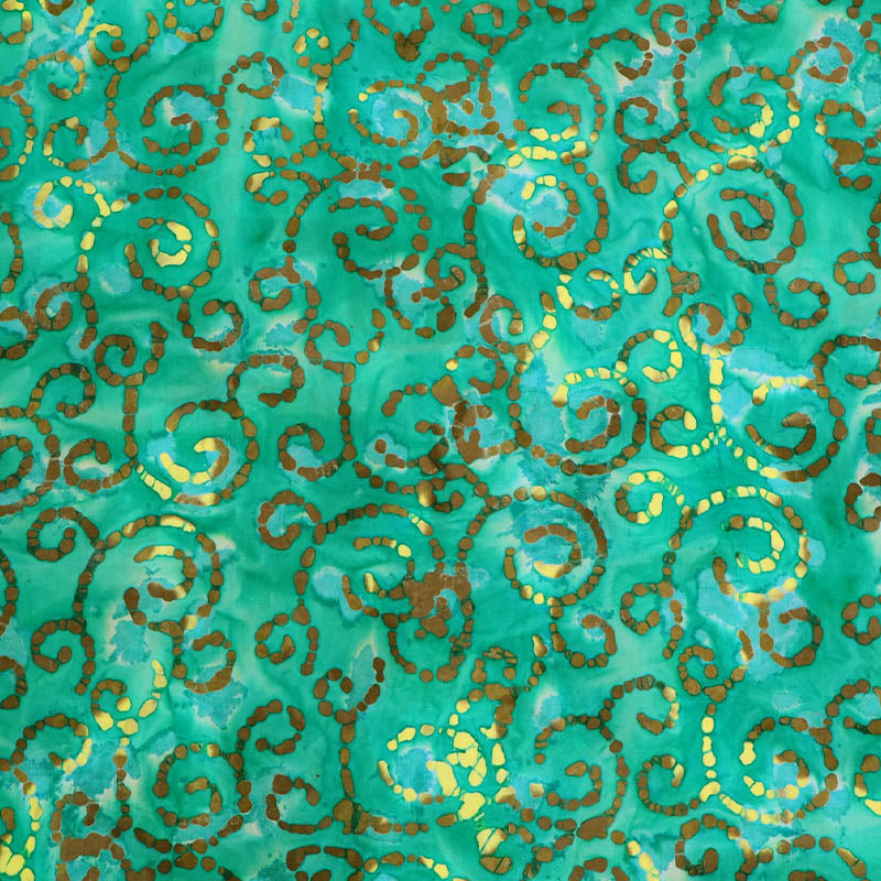 100% Cotton Bright Green Batik Fabric with gold swirls