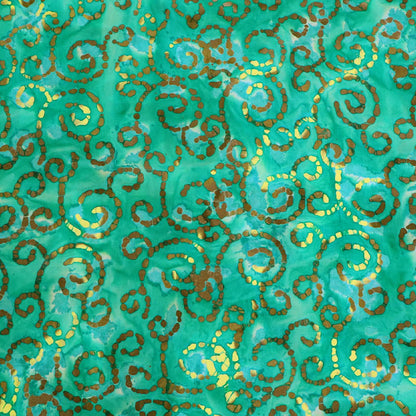100% Cotton Bright Green Batik Fabric with gold swirls