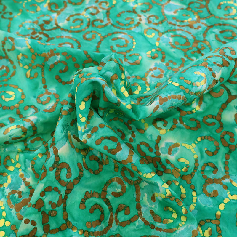 100% Cotton Bright Green Batik Fabric with gold swirls