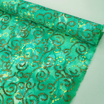 100% Cotton Bright Green Batik Fabric with gold swirls