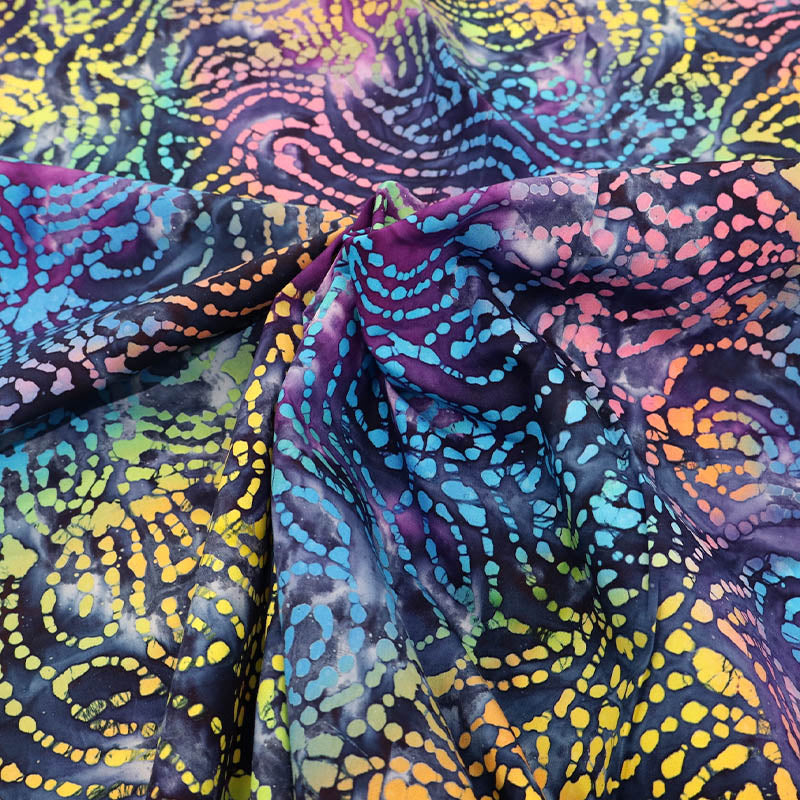 100% Cotton Navy Blue Batik Fabric with multicoloured swirling design