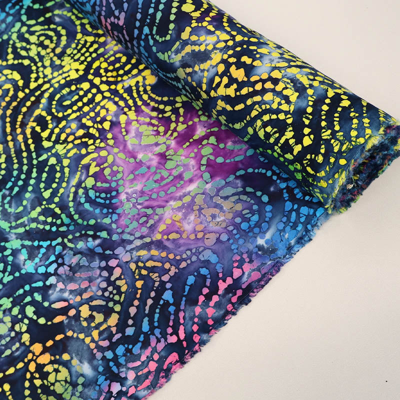 100% Cotton Navy Blue Batik Fabric with multicoloured swirling design