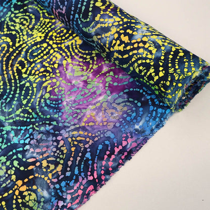 100% Cotton Navy Blue Batik Fabric with multicoloured swirling design