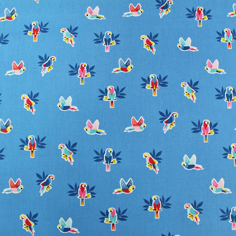 Blue Parrot Print Cotton  Fabric