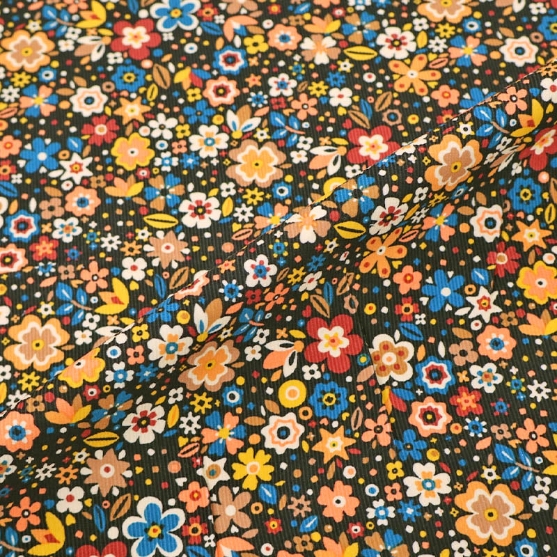 100% Cotton Black and Yellow Floral Needlecord Fabric