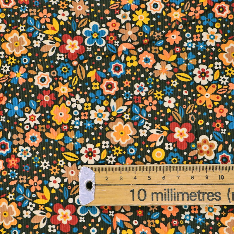 100% Cotton Black and Yellow Floral Needlecord Fabric
