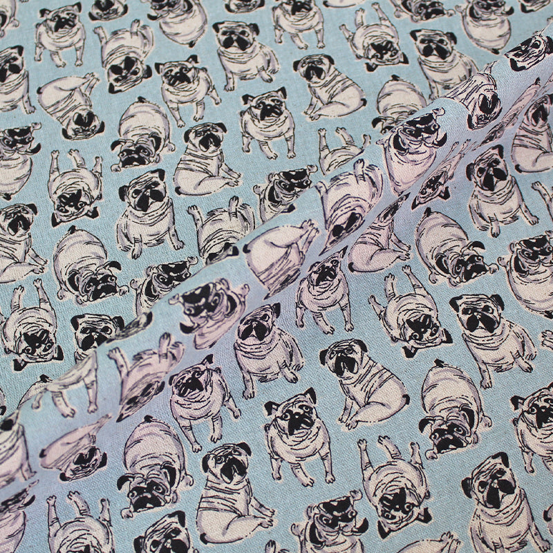 pale blue pug dog print  cotton fabric 