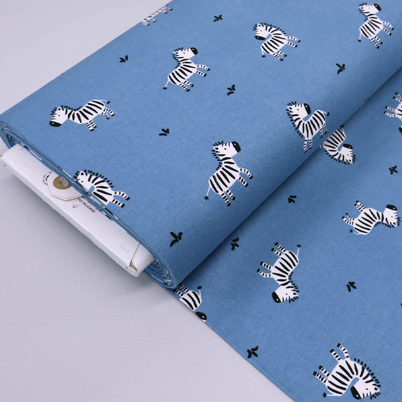 100% Cotton Blue Brushed Cotton Fabric - Zebra Print