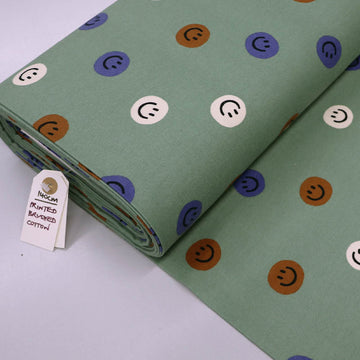 100% Cotton Green Brushed Cotton Fabric - Smiley Faces