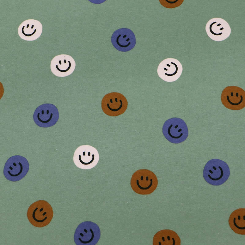 100% Cotton Green Brushed Cotton Fabric - Smiley Faces