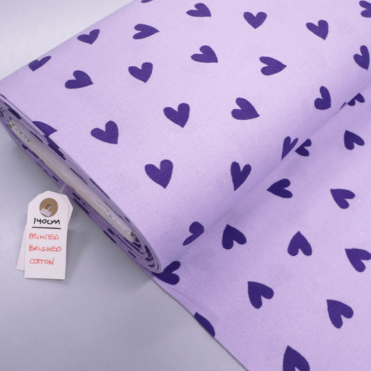 100% Cotton Brushed Cotton Fabric - Lilac Heart Print