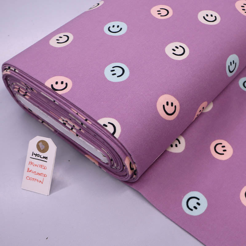 100% Cotton Purple Brushed Cotton Fabric - Smiley Faces