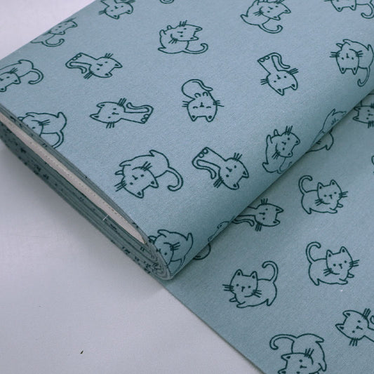 100% Cotton Blue Brushed Cotton Fabric - Cat Print