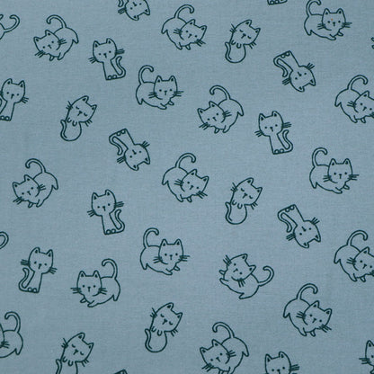 100% Cotton Blue Brushed Cotton Fabric - Cat Print
