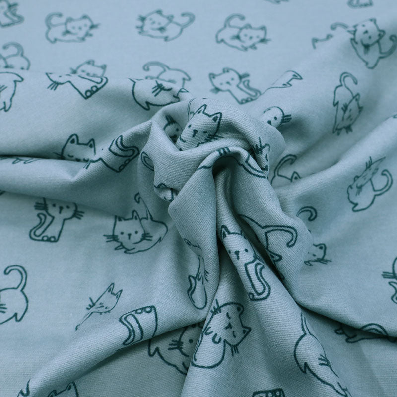 100% Cotton Blue Brushed Cotton Fabric - Cat Print
