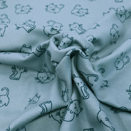 100% Cotton Blue Brushed Cotton Fabric - Cat Print