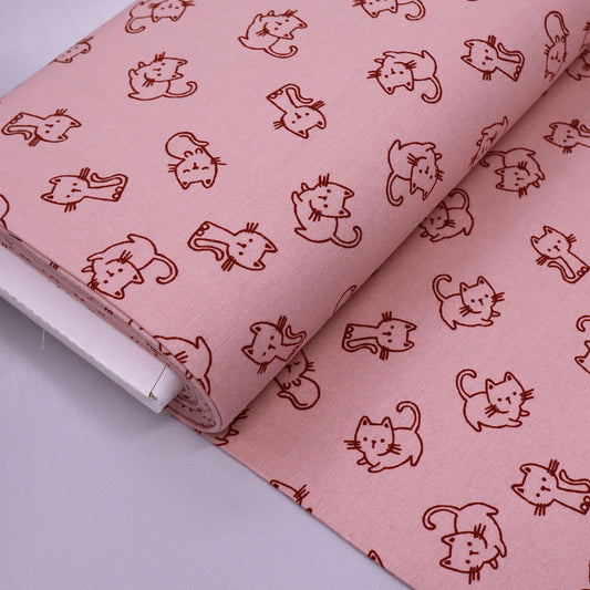 100% Cotton Pink Brushed Cotton Fabric - Cat Print