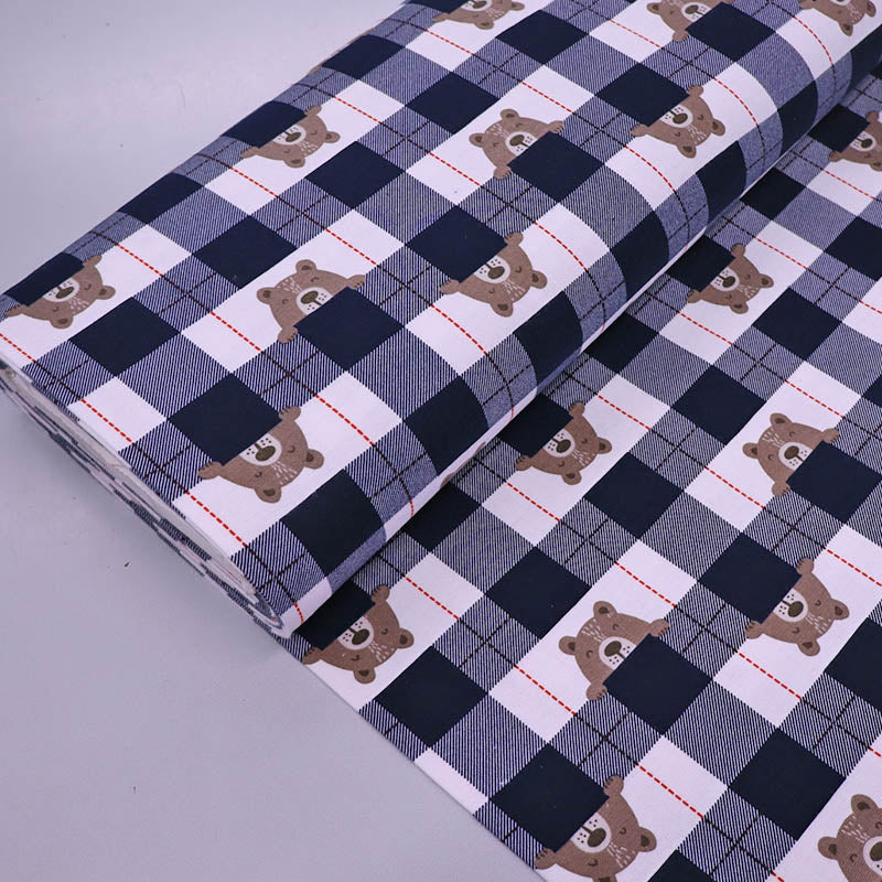 100% Cotton Brushed Cotton Fabric - Children's Navy Blue Check Bear Print