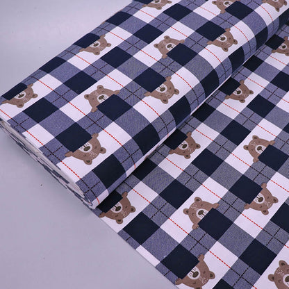 100% Cotton Brushed Cotton Fabric - Children's Navy Blue Check Bear Print