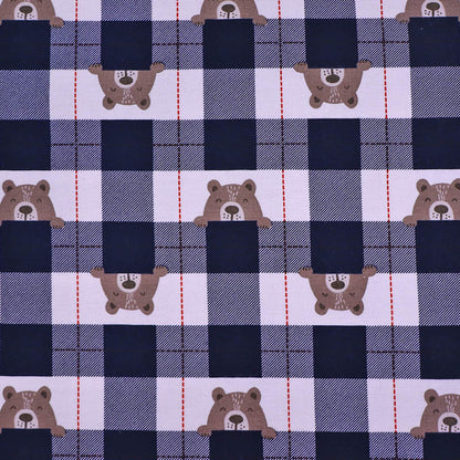 100% Cotton Brushed Cotton Fabric - Children's Navy Blue Check Bear Print