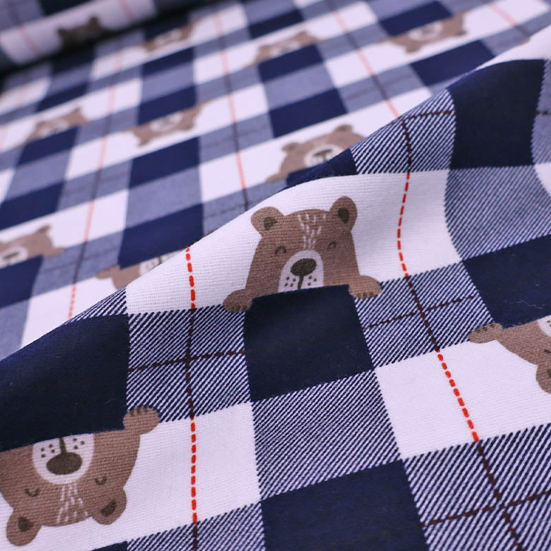 100% Cotton Brushed Cotton Fabric - Children's Navy Blue Check Bear Print