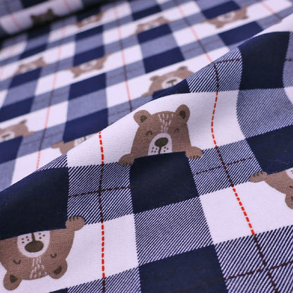 100% Cotton Brushed Cotton Fabric - Children's Navy Blue Check Bear Print