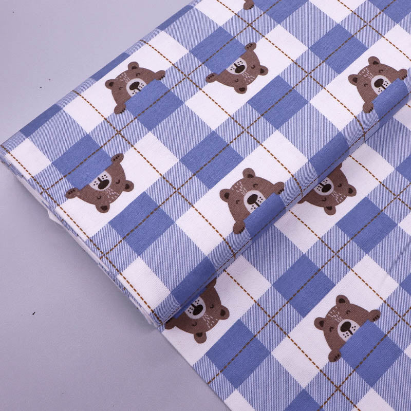 100% Cotton Pale Blue Brushed Cotton Fabric - Blue Check Bear Print