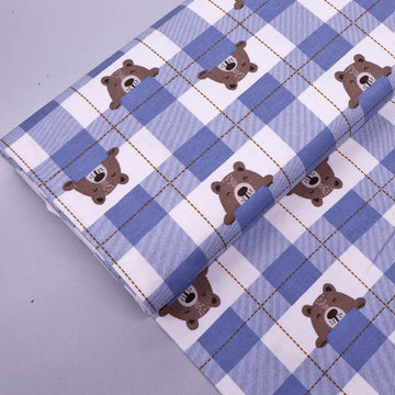 100% Cotton Pale Blue Brushed Cotton Fabric - Blue Check Bear Print