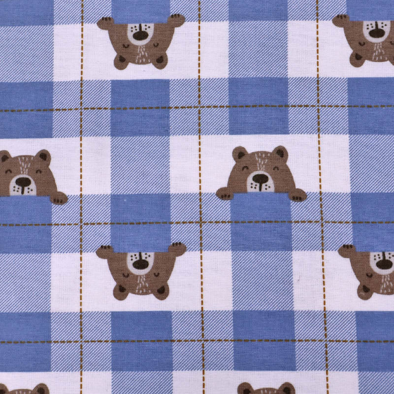 100% Cotton Pale Blue Brushed Cotton Fabric - Blue Check Bear Print