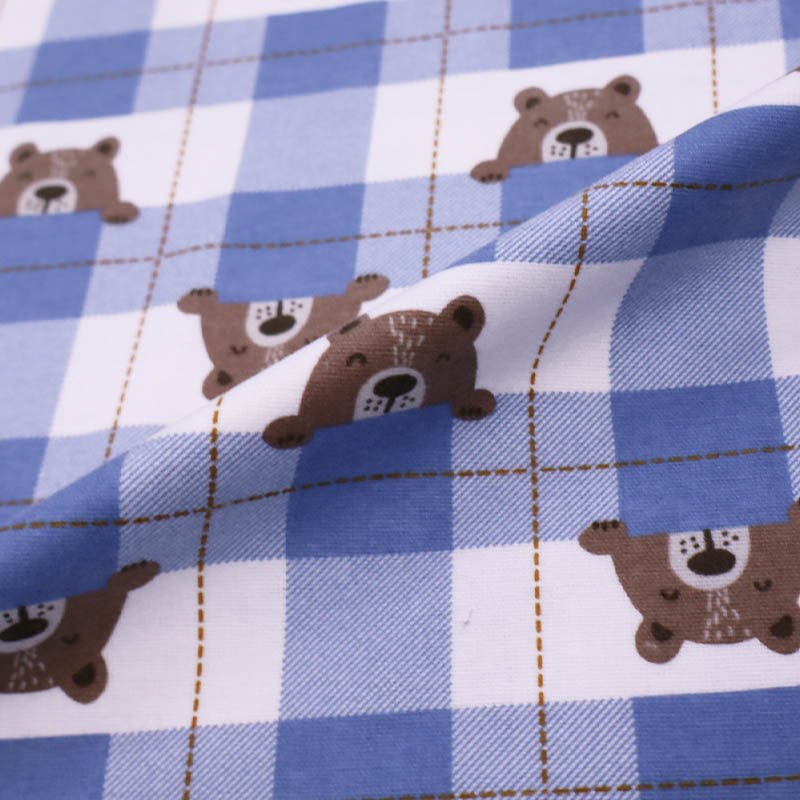 100% Cotton Pale Blue Brushed Cotton Fabric - Blue Check Bear Print